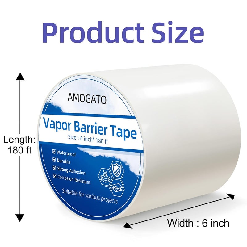AMOGATO شريط حاجز بخار - 8 مل 6" × 180 قدم × 1 لفة، شريط ختم ثقيل، لاصق فائق ومقاوم للماء لخدمات الزحف، القبو، الأرضية، الأنابيب، HVAC وإصلاحات البناء - Image 2